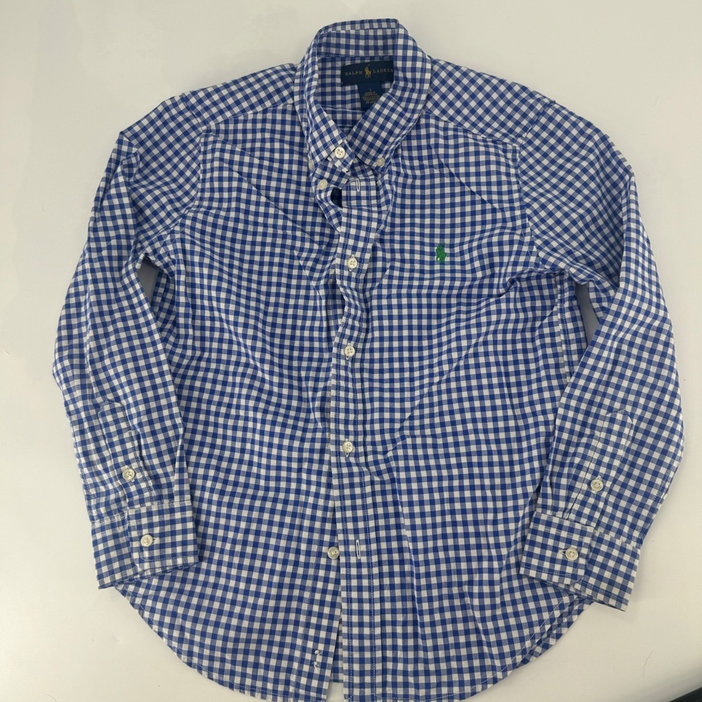 Ralph Lauren Boys Size 7 Blue White Gingham Cotton Button Down Shirt Green Pony